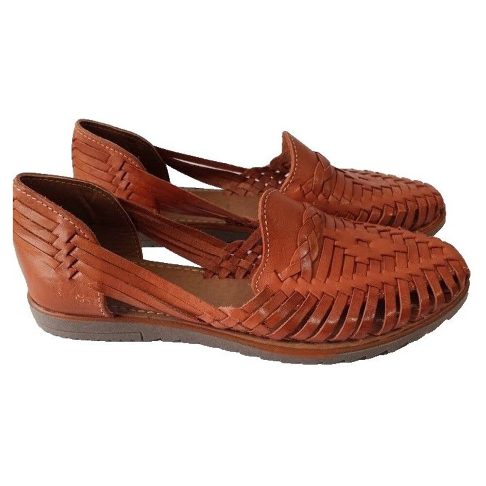 Macarena Collection Women’s Brown Leather Huarache Flats Woven Slip On  Size 8 - Picture 2 of 13